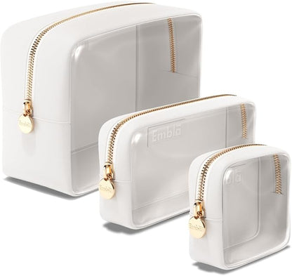 Clear Cosmetic Bags Set of 3, Mini Small Large Makeup Bags For Women Clear Pouch Cosmetics Cases Zipper Cute Pouches Make Up Travel Toiletry Essentials Preppy Purse Organizer Makeup Cases, White