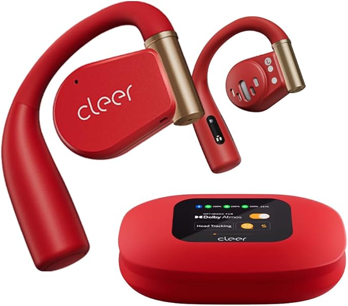 Cleer ARC 3 Sports Pro Open Ear Headphones - Dolby Audio, Snapdragon Sound True Wireless Earbuds,40Hr Battery, Bluetooth 5.4, IPX7,Heart Rate Tracking,Wireless Charging Smart Case, Comfort Fit, Red