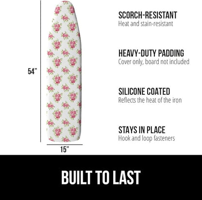 GORILLA GRIP The Original Ironing Board Cover and Pad, Silicone Coating, Thick Scorch Resistant Padding, Heavy Duty Iron Covers Standard Boards, Hook and Loop Fastener Strap, Pink Floral, 15x54