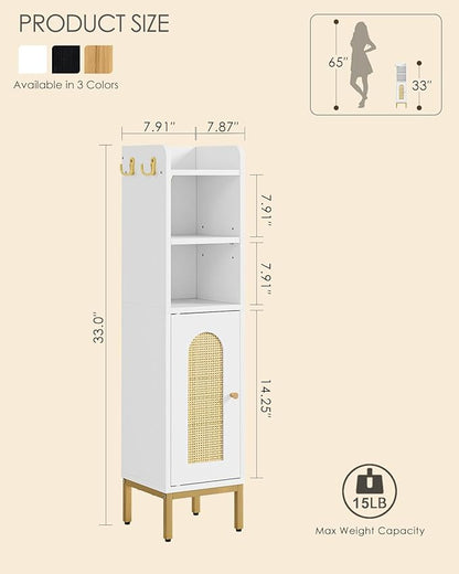 Bathroom Storage Cabinet, Small Corner Floor Hutch with Door and Shelves, Narrow Toilet Paper Cabinet, Bathroom Organizer with Adjustable Shelf, for Small Spaces (Classic-Rattan, White)