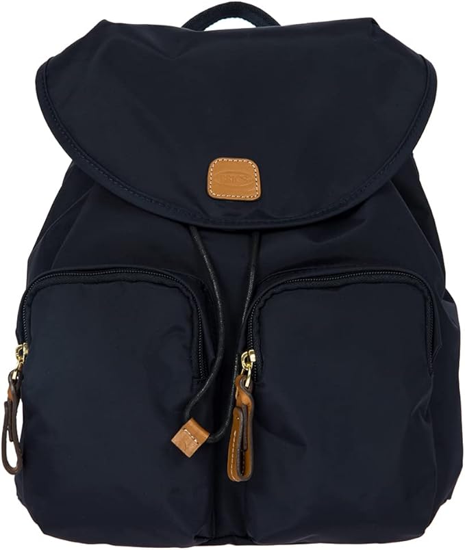 Bric's X-Travel Piccolo City Backpack 10", Water-Resistant Satin Nylon Daypack with Leather Details, Drawstring Closure, Adjustable Straps and Multi-Pocket Organization - Navy