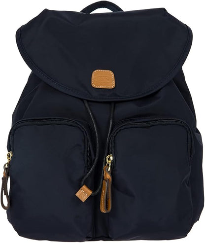 Bric's X-Travel Piccolo City Backpack 10", Water-Resistant Satin Nylon Daypack with Leather Details, Drawstring Closure, Adjustable Straps and Multi-Pocket Organization - Navy