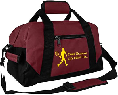 Personalized Passion 14” Small Sports Duffel Bags for Kids - Waterproof Travel Duffle with Name & Tennis Design - Maroon Two-Toned Kids Weekender Bag for Boys and Girls
