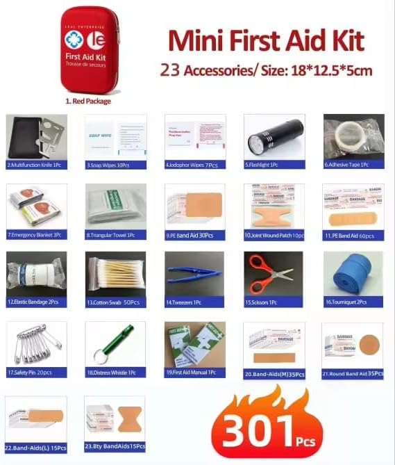 First Aid Kit, 301 Pieces, Survival Kit with Water-Resistant Case, Compact Size for Camping, Hiking, Car, Home, First aid