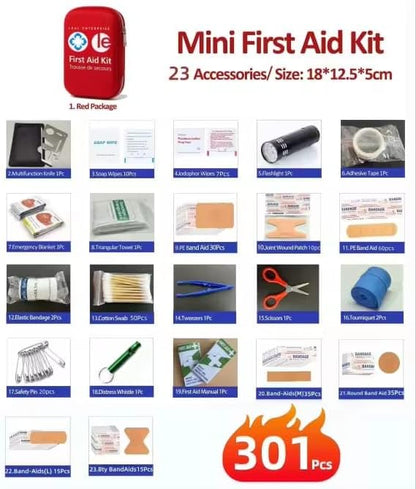 First Aid Kit, 301 Pieces, Survival Kit with Water-Resistant Case, Compact Size for Camping, Hiking, Car, Home, First aid