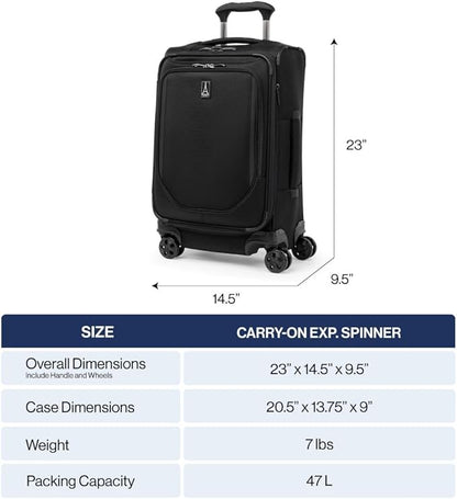 Travelpro Crew Classic Lightweight Softside Expandable Carry on Luggage, 8 Wheel Spinner Suitcase, Men and Women, Carry On 21-Inch, Black
