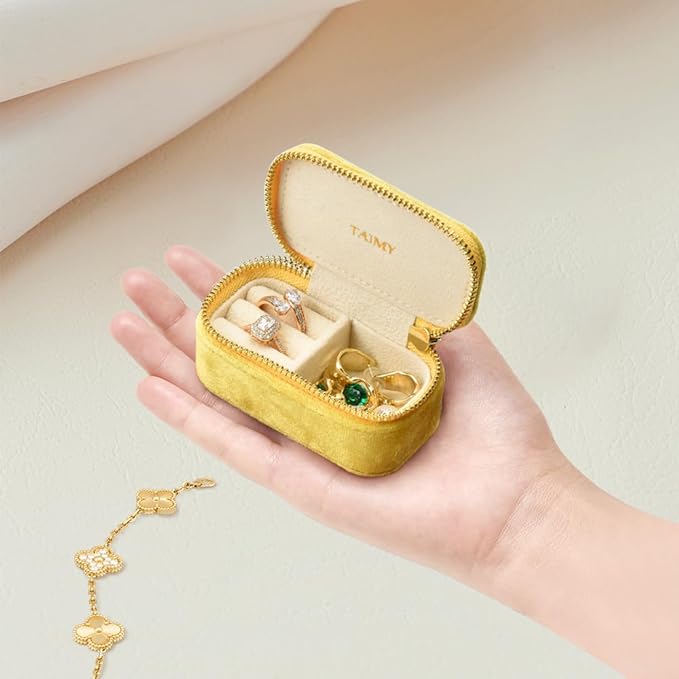 TAIMY Small Travel Jewelry Case, Mini Tiny Plush Velvet Jewelry Box for Women and Girls, Pocket Size Jewelry holder organizer for Rings Earrings and Small Items(Yellow)