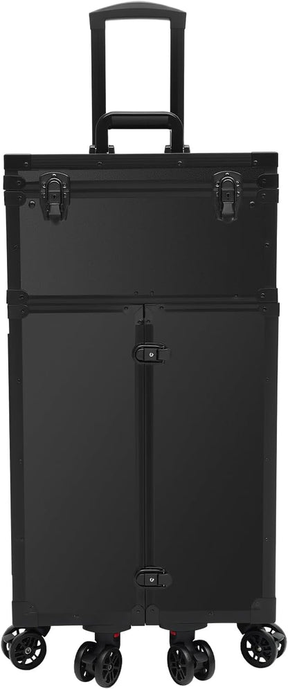 Professional Rolling Makeup Case 4 Drawers Pro Makeup Artist Cosmetic Train Case Hairstylist Travel Case Portable Make Up Station with Multiple Compartments & 6 Swivel Wheels - Black