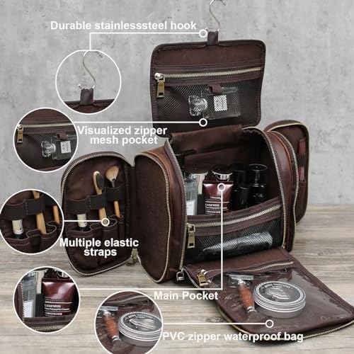 Personalized Leather Toiletry Bag for Men,Genuine Leather Toiletries Organizer,Travel Hanging Toiletry Bag Large Bathroom Shaving Kit Gifts for Dad,Husband,Boyfriend,Groomsmen,Golf,Birthday,Christmas