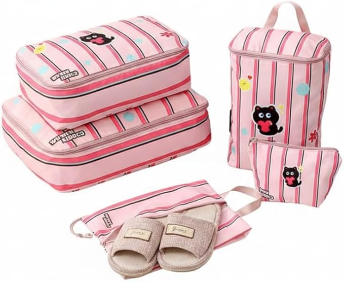 Striped Travel Organizer Bag Set with Cute Cat Design - 5-Piece Portable & Waterproof Packing Cubes for Luggage Clothing & Toiletries (Pink Cat)