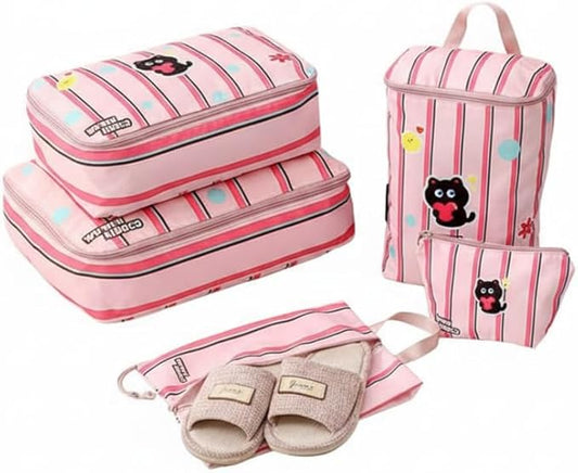 Striped Travel Organizer Bag Set with Cute Cat Design - 5-Piece Portable & Waterproof Packing Cubes for Luggage Clothing & Toiletries (Pink Cat)