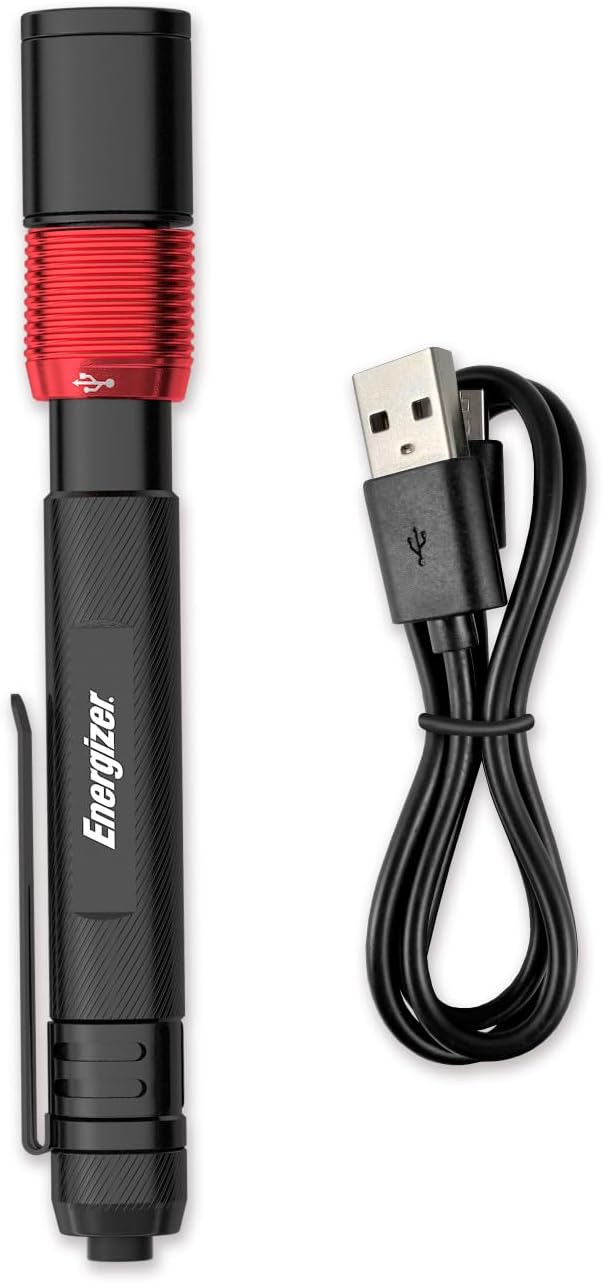 Energizer X-400 Pen light Flashlight Rechargeable, Bright Penlight IPX4 Water-Resistant, Lightweight and Durable, Rechargeable Flashlight, USB Charging Cable Included