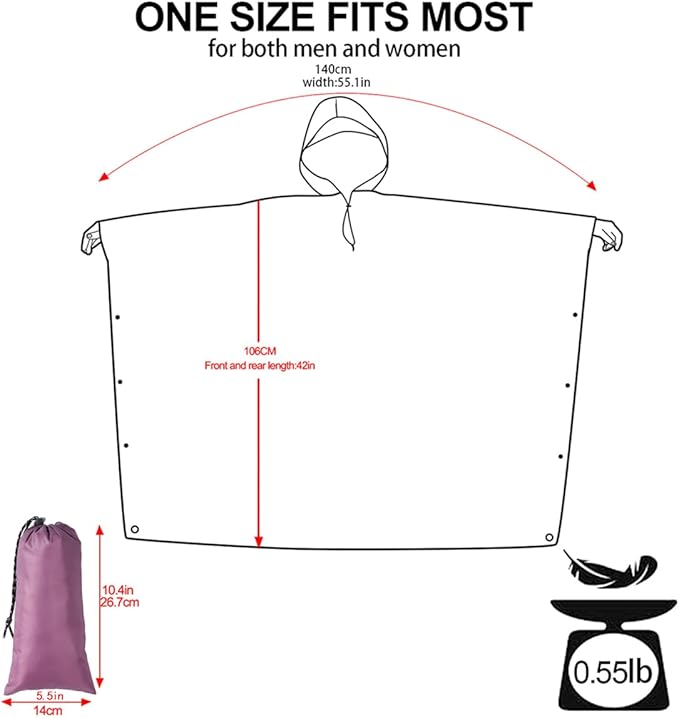 Hooded Rain Poncho for Adult, Waterproof Lightweight Raincoat for Hiking Camping