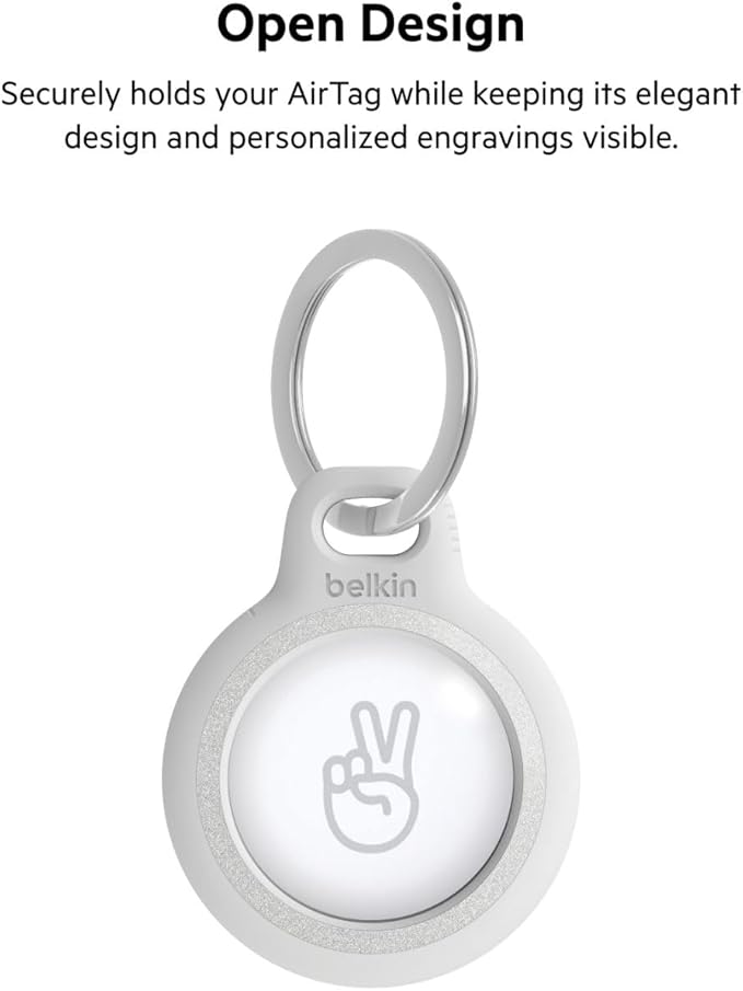 Belkin Apple AirTag Reflective Secure Holder With Key Ring - Apple AirTag Keychain - AirTag Holder - AirTag Keychain Accessories - Reflective & Scratch Resistant AirTag Case With Raised Edges - White