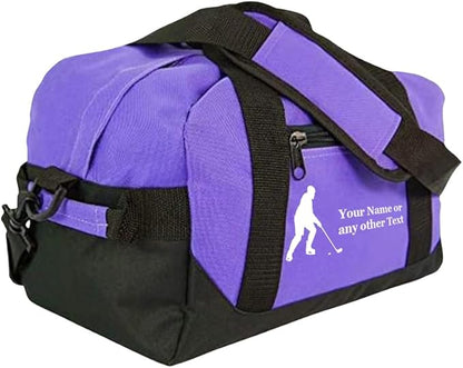 Personalized Passion 14” Small Sports Duffel Bags for Kids - Waterproof Travel Duffle with Name & Hockey Design - Purple Two-Toned Kids Weekender Bag for Boys and Girls