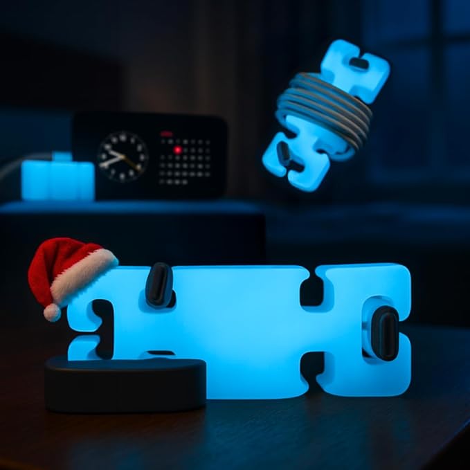 GlowBrick Stocking Stuffers for Adults Cord Management Weighted Cord Holder Cable Wrap Phone Stand - Glow-in-The-Dark Gadget Organizer for Nightstand. Gift for Men, Silicone. Glowing Blue