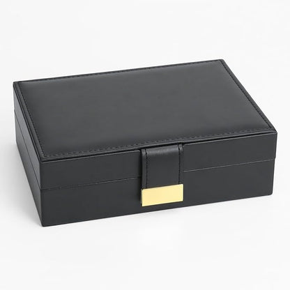 Leather Strap Closure Jewelry Box Single Layer Organizer Case for Necklaces, Earrings, Rings, Compact for Travel & Home Storage Black