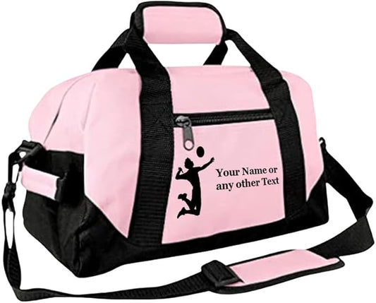 Personalized Passion 14” Small Sports Duffel Bags for Kids - Waterproof Travel Duffle with Name & Volleyball Design - Pink Two-Toned Kids Weekender Bag for Boys and Girls