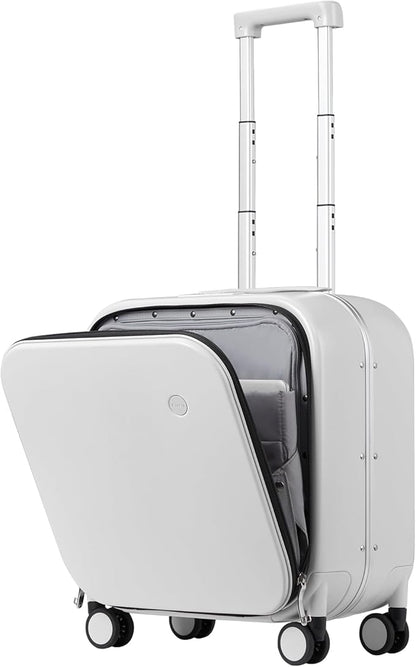 mixi Carry On Luggage, 18” Suitcase with Front Laptop Pocket, Travel Luggage Aluminum Frame PC Hardside with Spinner Wheels & TSA Lock and Cover (Not for Underseat), Smoke White
