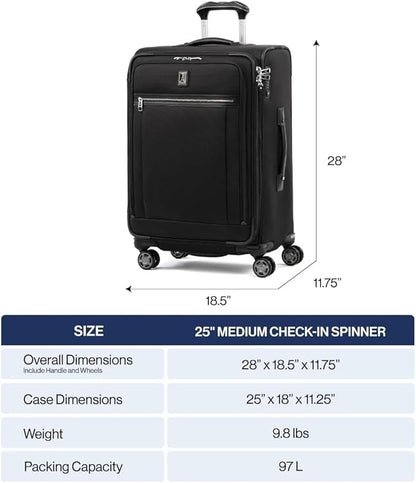 Travelpro Platinum Elite Softside Expandable Checked Luggage, 8 Wheel Spinner Suitcase, TSA Lock, Men and Women, Dark Blue, Checked Medium 25-Inch