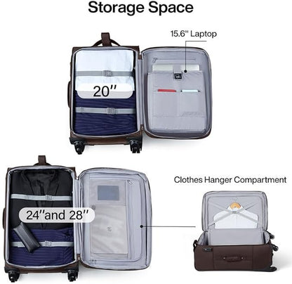 Hanke Luggage Sets 2 Piece Softside Expandable Luggage With Spinner Wheels TSA Lock,Travel Luggage Rolling Suitcase Checked Luggage Coffee(20/28)