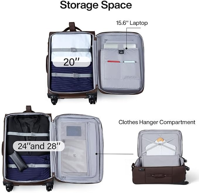 Hanke 3 Piece luggage Sets Softside Expandable luggage with Spinner Wheels TSA Lock,Travel Lightweight Luggage Sets,Coffee