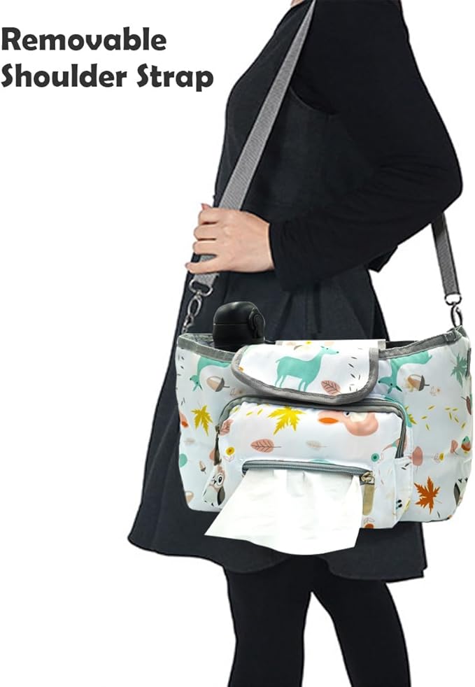 Universal Stroller Organizer with Cup Holder, Animal Patterns Stroller Bag Caddy Organizer, Large Capacity Stroller Caddy with Detachable Shoulder Strap