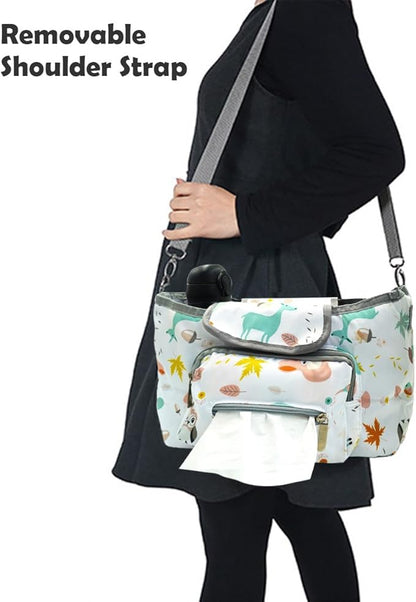 Universal Stroller Organizer with Cup Holder, Animal Patterns Stroller Bag Caddy Organizer, Large Capacity Stroller Caddy with Detachable Shoulder Strap