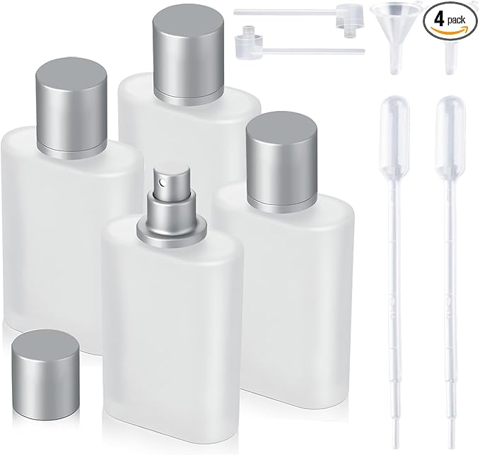 4 Pack 100ml/3.38 Oz Empty Frosted Glass Spray Bottle Perfume Atomizer, Refillable Spray Empty Perfume Bottles Fine Mist Atomizer Cosmetic Container for Travel (4 Pcs 100ml Frosted Bottles)
