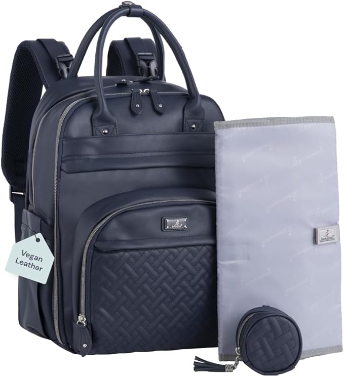 BabbleRoo Leather Diaper Bag Backpack - Baby Essentials Travel Baby Bag, Multi function, with Changing Pad, Stroller Straps & Pacifier Case – Unisex, Midnight Blue