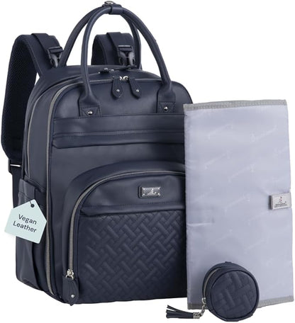 BabbleRoo Leather Diaper Bag Backpack - Baby Essentials Travel Baby Bag, Multi function, with Changing Pad, Stroller Straps & Pacifier Case – Unisex, Midnight Blue