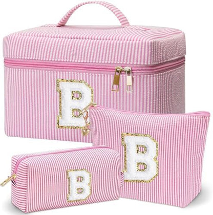 Personalized Monogram Makeup Bag, 3PCS Custom Monogrammed Toiletry Cosmetic Bag for 6-18 Teen Girls Women,Birthday Graduation Gifts Initial Pouch Makeup Bags for Women Girls, Make Up Bag (B, Pink)