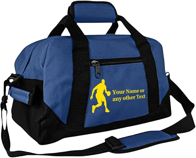 Personalized Passion 14” Small Sports Duffel Bags for Kids - Waterproof Travel Duffle with Name & Basketball Design - Navy Blue Two-Toned Kids Weekender Bag for Boys and Girls