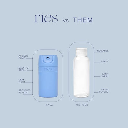 RIES Starter Set Toiletry Travel Bottles – Set of 3 (1.7oz) Airless Pump Containers for Shampoo, Conditioner, Body, Face – Leak-Proof, TSA-Approved, Dishwasher Safe- (Runaway Blue)