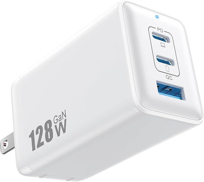 128W USB C Wall Charger,GaN III 3-Port Fast Charging Station,PD QC Foldable Charger Block Portable 65W Laptop Adapter for MacBook Pro/Air,iPad Pro,Galaxy S23,Dell XPS 13,iPhone 17/16/Pro etc