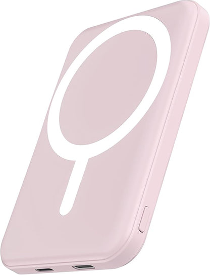 podoru for Magsafe Battery Pack, 5000mAh Magnetic PowerBank with Type-C Cable 20W PD Fast Charging Lighting Input Wireless Charger for iPhone 17/16/15/14/13/12/ All Series-Light Pink