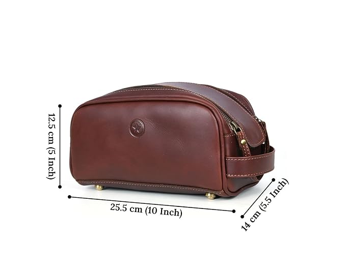 10" Premium Leather Toiletry Travel Pouch With Waterproof Lining Black Color | King-Size Handcrafted Vintage Shaving Kit By Aaron Leather Goods (Saddle Brown)
