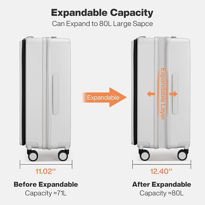 mixi 24 Inch Large Expandable Checked Luggage PC Hard Shell Suitcase Top Opening Rolling Travel Suitcases with Spinner Wheels & TSA Lock, Smoke White