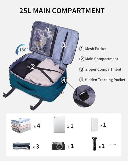 ECOHUB 17" Small Travel Backpack, United Airlines Personal Item Bag 17x10x9 with 16 Pockets, Water Resistant Rucksacks Fit 15.6" Laptop, AirTag Pocket, Lightweight Casual Daypack, 25L, Blue Green
