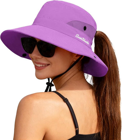ZOORON Women's Ponytail Safari Sun Hat,Wide Brim UV Protection Outdoor Bucket Hat,Foldable Beach Summer Fishing Hat