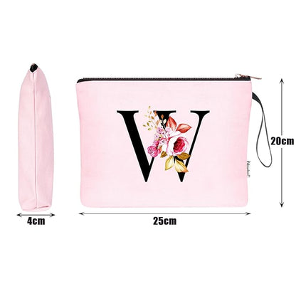 Vavabox A-Z Personalized Makeup Bag, Birthday Gifts for Women Mom, Gifts for Best Friend, Bride Bridesmaid Cosmetic bag (W, Pink)