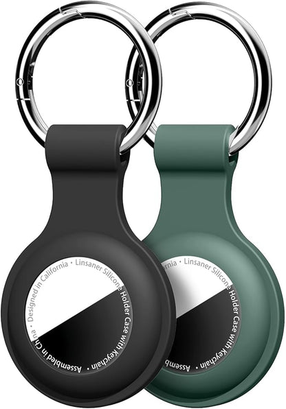 [2 Pack] for AirTag Holder with Keychain, Shockproof Silicone Case for Apple for Air Tag - Protective Cover GPS Tracker Accessories for Keys, Pets, Luggage & Backpacks (Black/Dark Green)