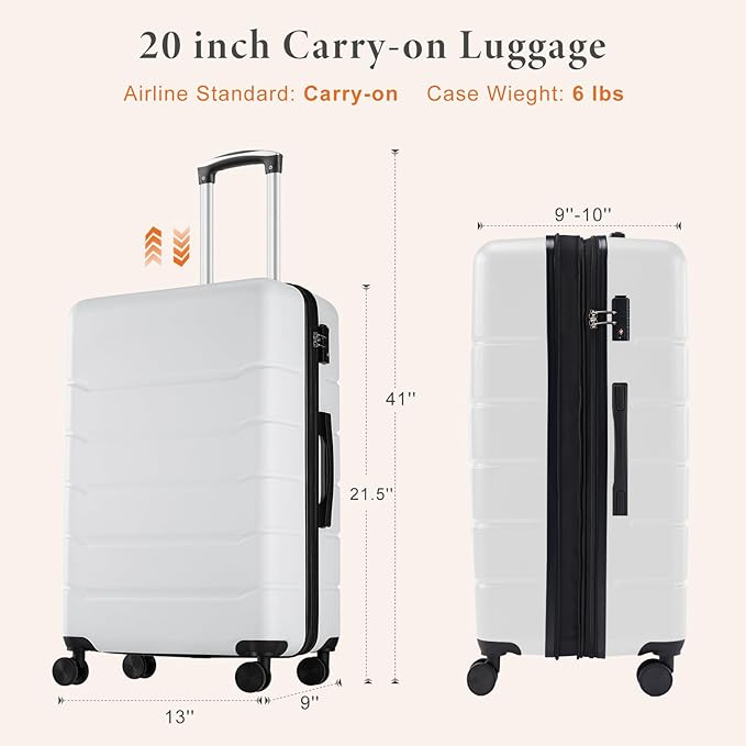 Sweetcrispy Carry on Luggage, Hard Shell ABS Suitcase with Double Spinner Wheels, Lightweight Expandable Rolling Suit Case with TSA Lock, 21 Inch Cream White