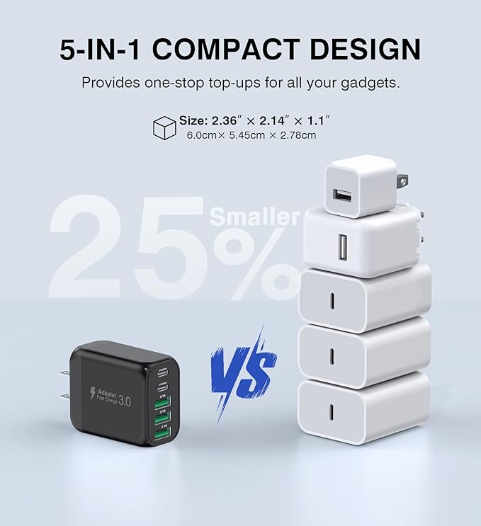 [2-Pack]60W USB C Wall Charger Block, 5-Port C Charger Fast Charging Block PD Power Adapter +QC 3.0 Multiport Type C Box Brick Cube USB A Wall Plug for iPhone 14/15/16/17 Pro Max,Samsung Galaxy(Black)