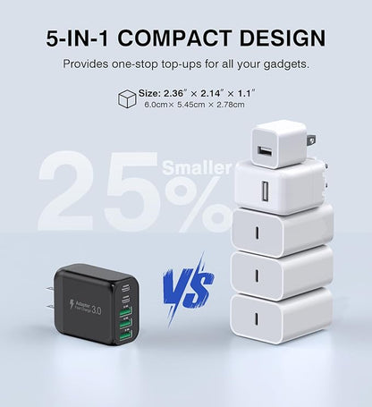 [2-Pack]60W USB C Wall Charger Block, 5-Port C Charger Fast Charging Block PD Power Adapter +QC 3.0 Multiport Type C Box Brick Cube USB A Wall Plug for iPhone 14/15/16/17 Pro Max,Samsung Galaxy(Black)