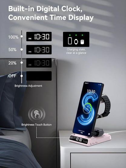 Wireless Charger for Samsung Charging Station with Clock for Samsung Galaxy S25 Ultra/S24 Ultra/Z Flip 6/5/Fold 5/Bud 2, 3 in 1 Charging Station Watch Charger for Samsung Galaxy Watch 7/6/5Pro(Pink)