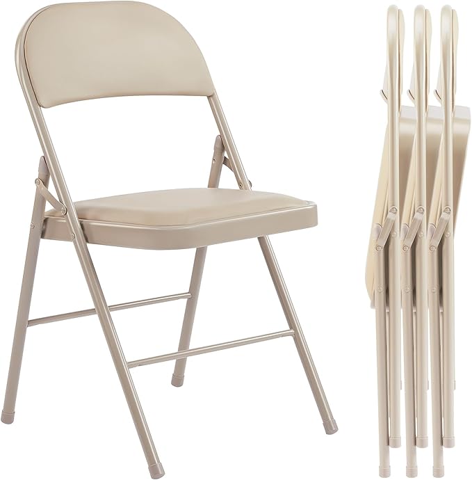 Folding Chairs 4 Pack, Portable Stackable Commercial Chair, Indoor Outdoor Padded Leather Chair with Sturdy Metal Frame, for Home, Office, or Party Events. (Kahki, 4 Pack)