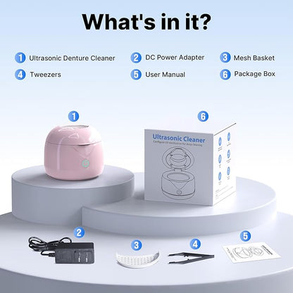Ultrasonic Retainer Cleaner - UV Dental Cleaning Pod Night Guard Cleaner for Dentures, Aligner, Braces, Toothbrush Heads, Jewelry (Pink)