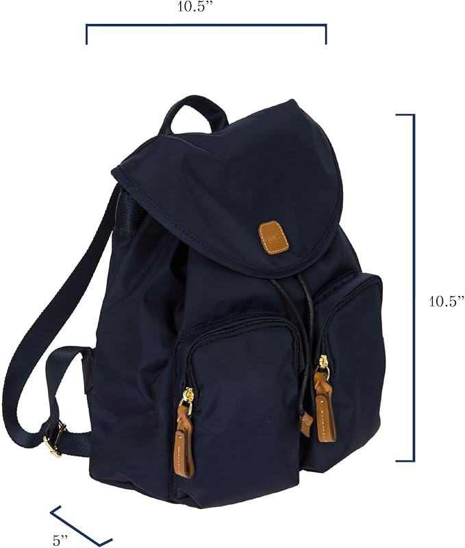 Bric's X-Travel Piccolo City Backpack 10", Water-Resistant Satin Nylon Daypack with Leather Details, Drawstring Closure, Adjustable Straps and Multi-Pocket Organization - Navy