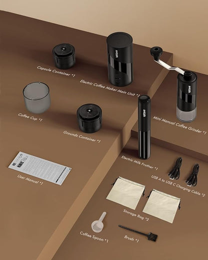 Portable Electric Espresso Machine & Manual Coffee Grinder & Electric Milk Frother All in 1 Mini Travel Coffee Maker Set for Camping, Car, RV, Hiking, Office, Home, Ground Coffee & NS Capsules Pod